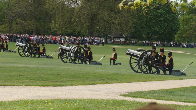 Royal guards at the gun salute in Green Park for Trooping of the Colour